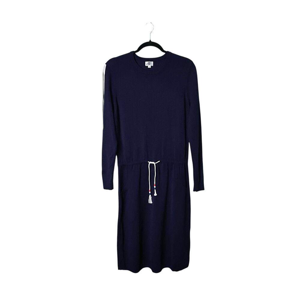 YAL New York Knitted Midi Dress Size M Navy Blue Cinched Waist Stripe Sleeves